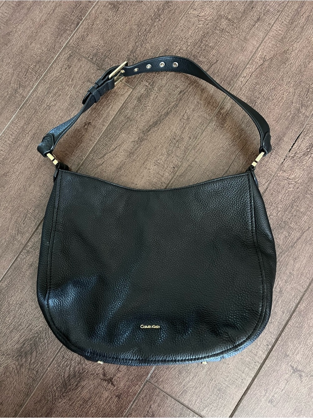 Calvin Klein Black Pebbled Leather Hobo with Gold Accents